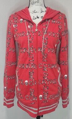 Vintage Rare Heatherette Red Skull Bones Full Zip Up Hooded Sweatshirt Med Y2K